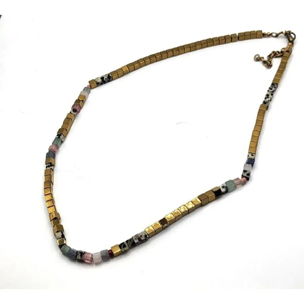 Artisan Healing Gemstone Gold Square Beads Marble Flourite 24in